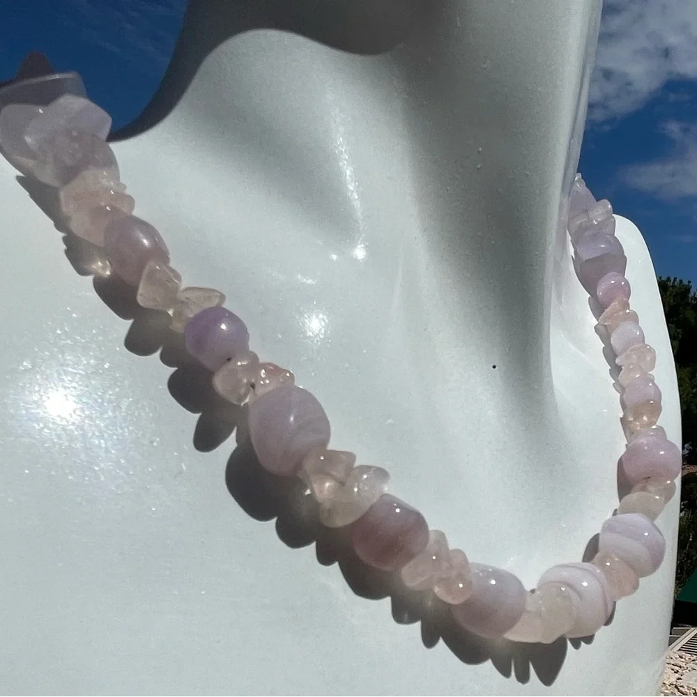 Rose Quartz & Glass Bead Necklace with Sterling Clasp